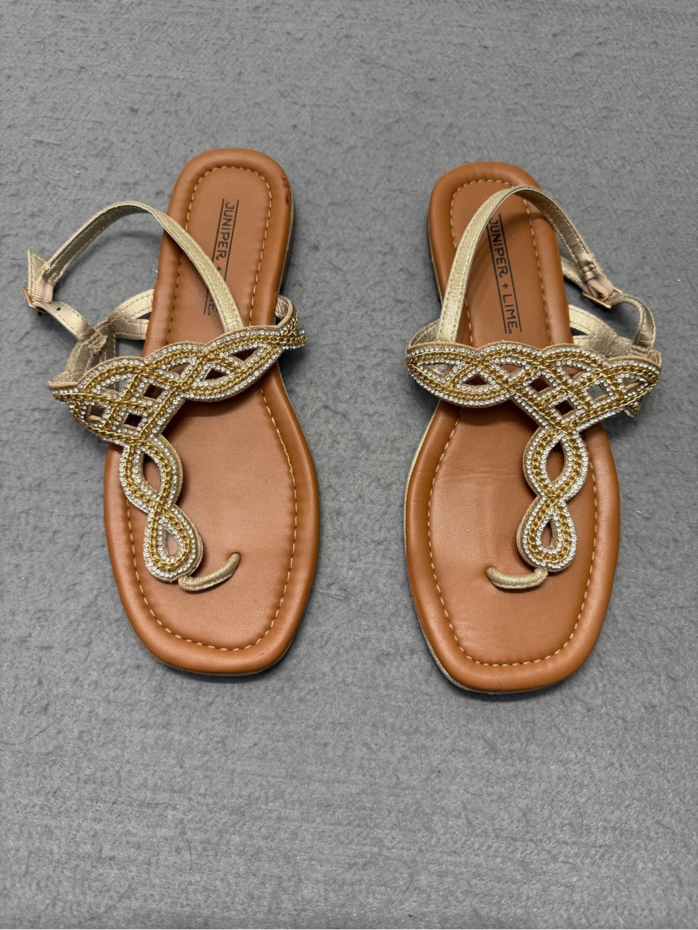 Women’s Juniper + Lime Gold Rhinestone T Strap Sandals Size 8